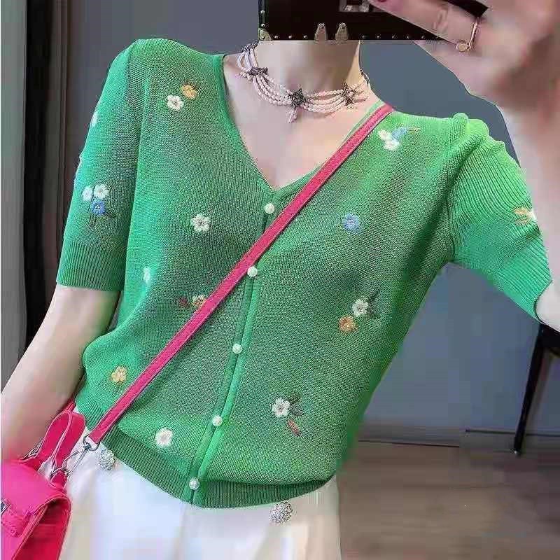 Áo Cardigan Tay Ngắn Cổ Chữ V Dáng Rộng Thêu Hoa Phong Cách Hàn Quốc Thời Trang Mùa Hè Mới 2021 | BigBuy360 - bigbuy360.vn