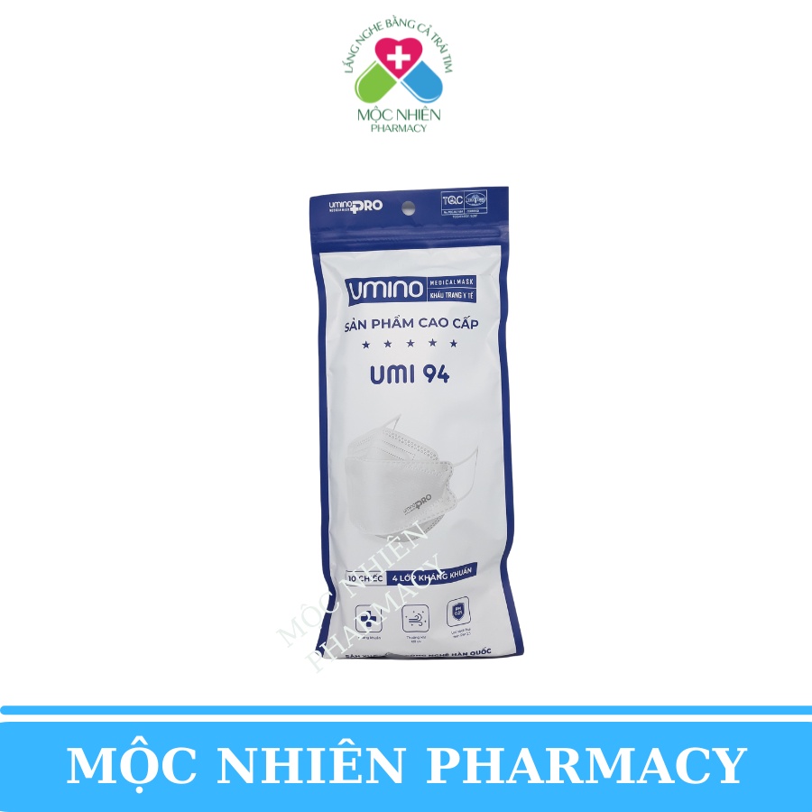 Khẩu Trang, Khẩu Trang UMI 94, Khẩu Trang Y Tế 4 Lớp, Chống Bụi Mịn, Kháng Khuẩn, Túi 10 Chiếc, Mộc Nhiên Pharmacy