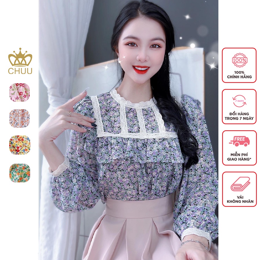 Áo hoa công sở nữ tay phồng viền ren xinh xắn CHUU A8023