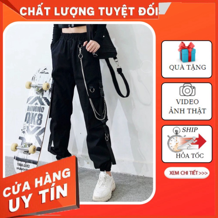 Quần kaki jogger túi hộp kèm khuy và dây xích, Quần Unisex bo chun form thụng thời trang nam nữ - HÀNG MỚI VỀ