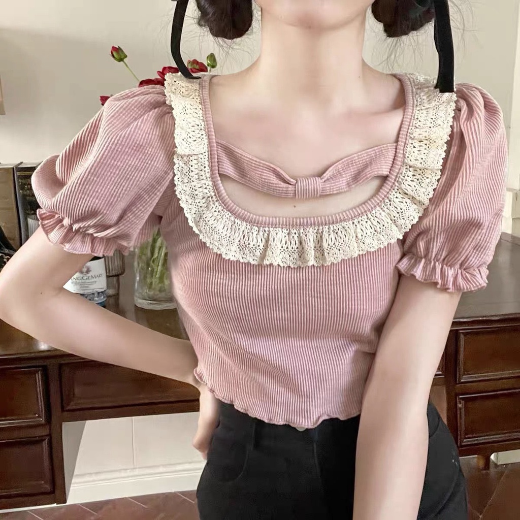 Áo Thun Ngắn Tay Cổ Vuông Phối Ren Dễ Thương Phong Cách Nhật Bản Cho Nữ  tao bao