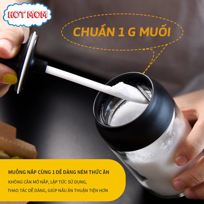 Bộ bình đựng gia vị bằng thủy tinh, thiết kế tích hợp nắp muỗng, dễ dàng đo lường, chống ẩm, chống bụi, an toàn, vệ sinh