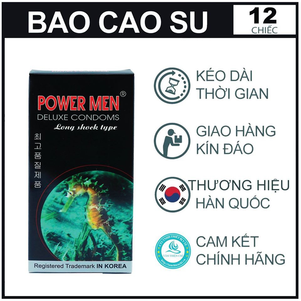 [Chính Hãng]Hôp 12 Cái Bao cao su Hàn Quốc POWERMEN LONG SHOCK - Gân Gai - Kéo dài thời gian