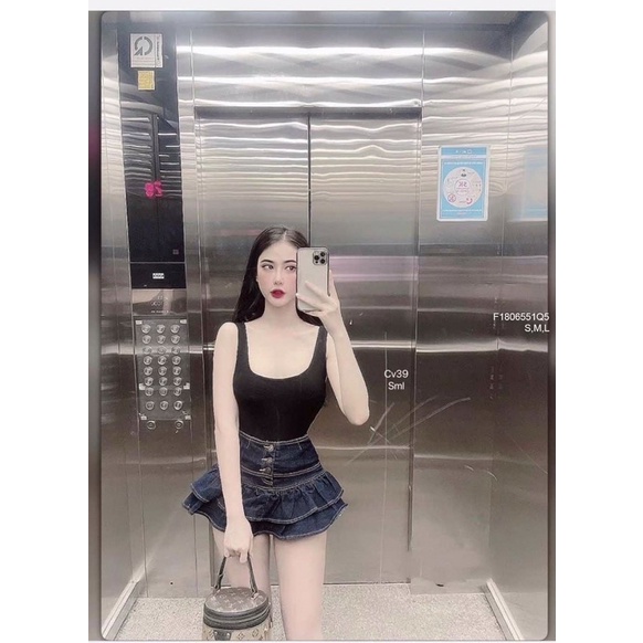 Chân váy jean ngắn xòe tầng lưng cao 3 nút!tôn dáng