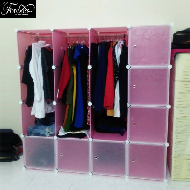 Tủ ghép đựng quần áo 15  ô (5 ô xéo) khung hồng cửa trong vân 111*183*47cm