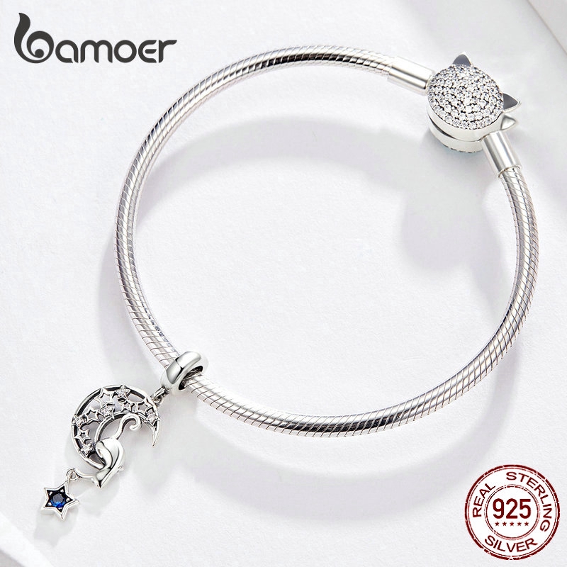 Charm Bamoer SCC1205 Bằng Bạc 925 Hình Mặt Trăng Ngôi Sao Và Mèo Vintage Dùng Làm Vòng Tay/dây Chuyền