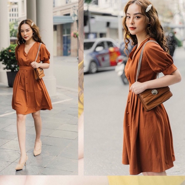 Đầm Seni nNút Bọc Dáng Xòe Xếp Li Thanh Lịch