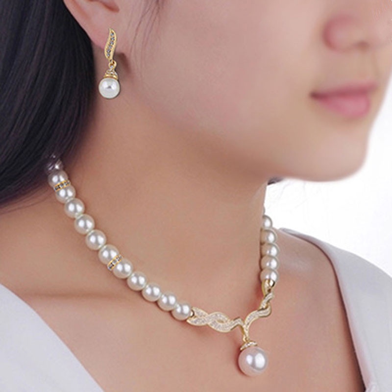 Bộ Vòng cổ + Bông Tai Đính Ngọc Trai Nhân Tạo Hình Giọt Nước Cho Nữ