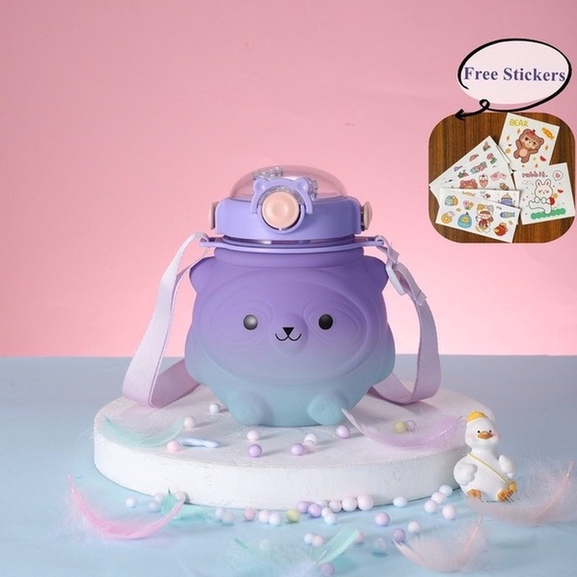 Bình nước con Gấu Hoạt Hình 1000ML Dễ Mang Theo Màu Gradient Có Ống Hút Dành Cho bình nước cho bé