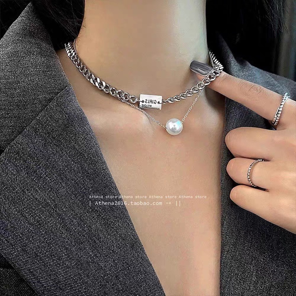 Dây chuyền nữ 2 mảnh Vòng cổ hạt cá tính 2 dây liền chất liệu hợp kim