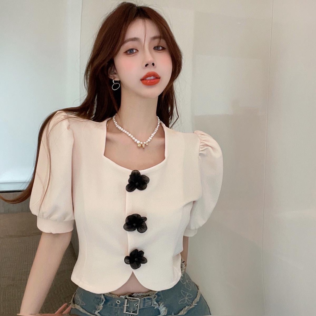 Jiashucheng2023 Áo Sơ Mi Ngắn Tay Cổ Thấp Ôm Dáng Hở Rốn Đính Hạt Ba Chiều Hình Hoa Nhỏ Phong Cách Mới Mùa Hè Cho Nữ