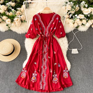 (sẵn) VÁY BOHO DÁNG XÒE CỔ V THÊU HOA
