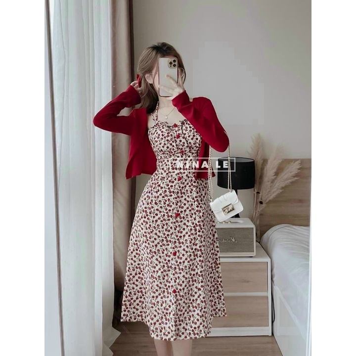 Sét Đầm 2 Món Váy 2 Dây Họa Tiết Hoa Tươi Trẻ Kèm Áo Khoác Thun Đỏ Phù Hợp Mặc Nhà, Đi Chơi, Dạo Phố, Du Lịch [Jellyfash
