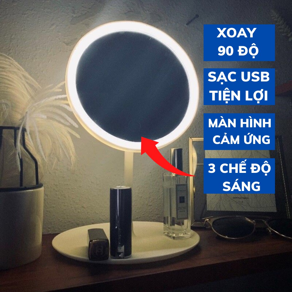 Gương Trang Điểm Để Bàn Mini Mẫu Tròn Có Đèn Led Cảm Ứng 3 Chế Độ Sáng Tiện Lợi