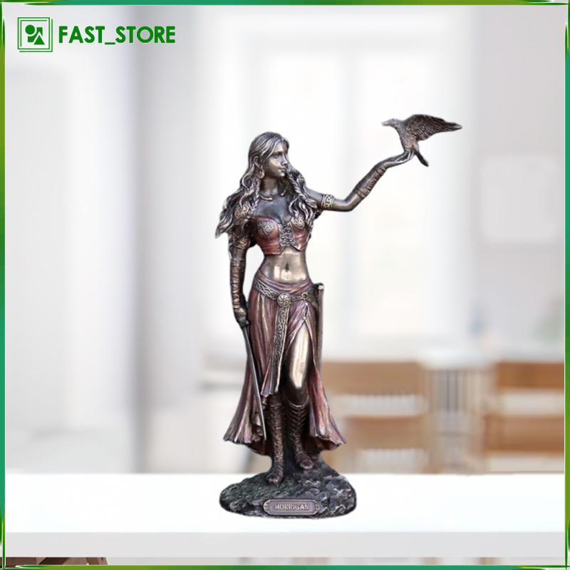 Celtic Goddess of the Battle Sword & Crow Resin Artwork Statue Morrigan Figurine Collectible, Bronze Finished