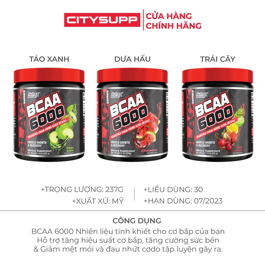 Nutrex BCAA 6000 (30 Serving), Hỗ Trợ Tăng Cơ Bắp & Phục Hồi, 6G BCAA Tỉ Lệ 2:1:1 L-Leucine, L-Isoleucine, L-Valine