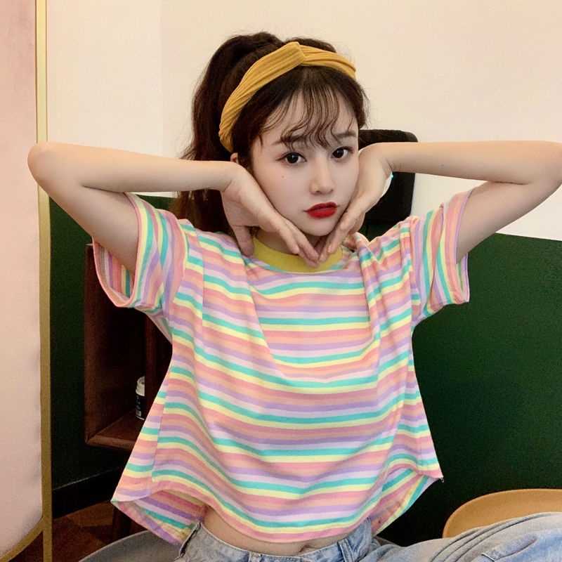 Áo Thun Tay Ngắn Dáng Rộng Họa Tiết Kẻ Sọc Cầu Vồng Phong Cách Hàn Quốc Thời Trang Mùa Hè 2022 Mới