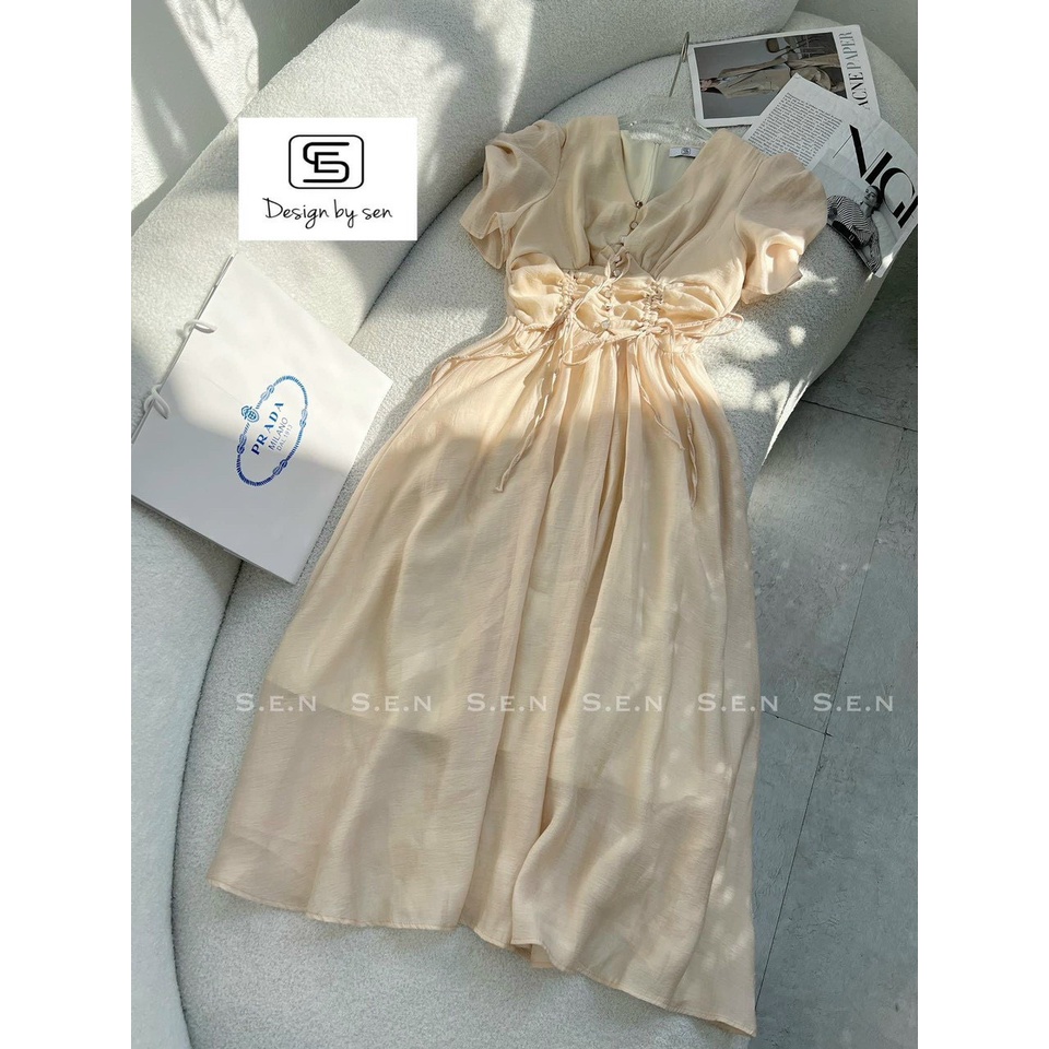 Váy nữ cổ V chất tơ 2 lớp vintage tay bồng hoạ tiết trơn phong cách nữ tính bánh bèo thời trangI Trần Hân Shop 3007443