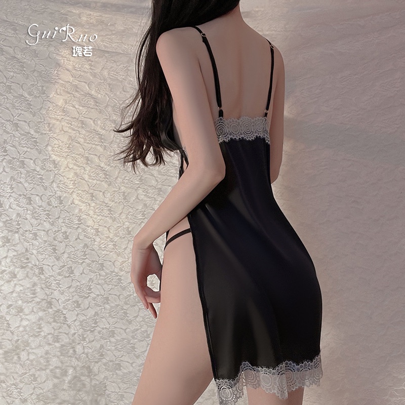 [ Tặng chíp] Đầm ngủ / Váy Ngủ lụa pha ren dây V xẻ đùi Cao Cấp 562