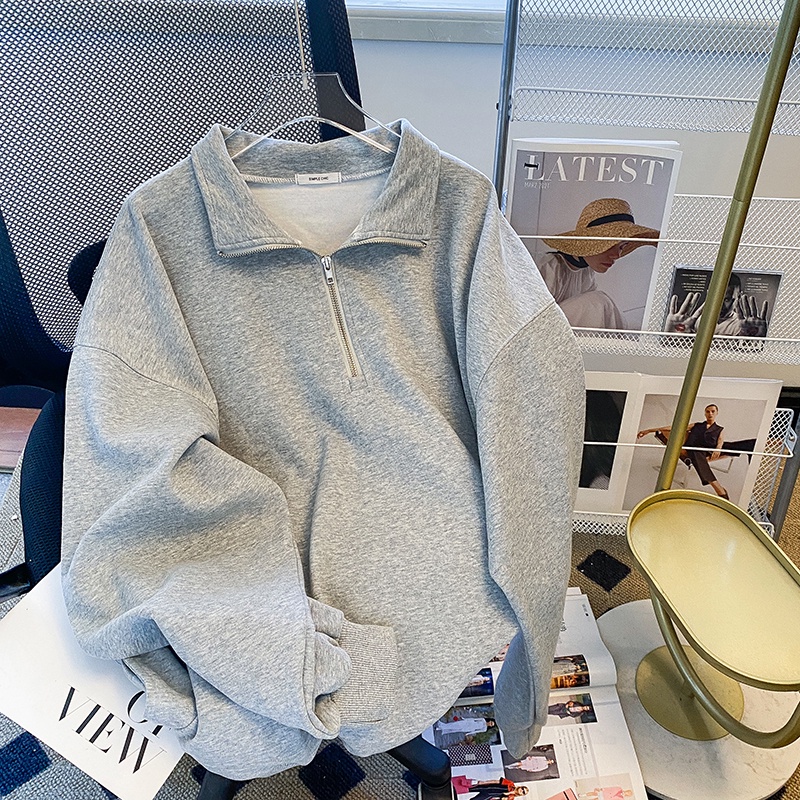 Áo Thun Tay Dài Có Dây Kéo Form Rộng Theo Phong Cách Preppy Dễ Phối Đồ