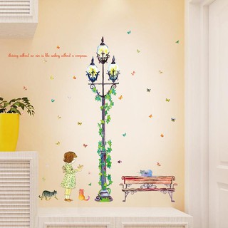 Decal dán tường khung cảnh đường phố cô gái và những chú mèo cho bé XXK2909