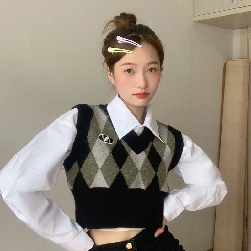 Áo gile croptop màu vintage chất dày dặn cổ chữ V cá tính