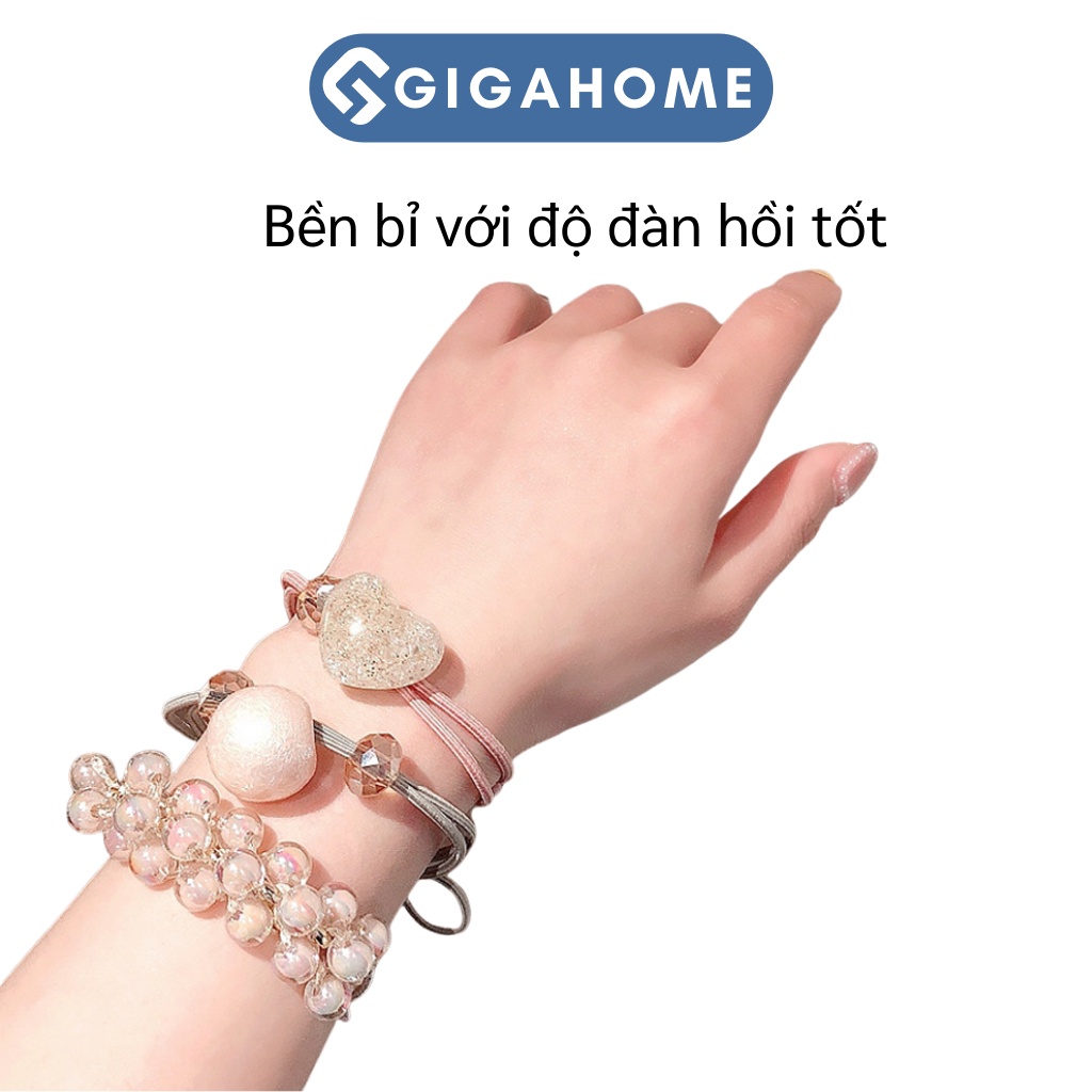 Bộ 3 Dây Thun Buộc Tóc GIGAHOME Đính Ngọc Trai Nhân Tạo Kiêm Vòng Đeo Tay 8095