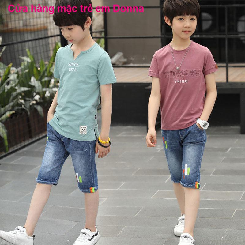 > nam Bộ đồ ngắn tay cho trẻ em Quần short denim mùa hè Hai mảnh 6 Boy 7 Big Children 4-14 tuổi 8 áo 9đồ bộ cho béb