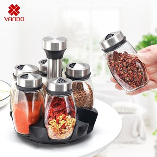 Bộ 6 hũ lọ thủy tinh đựng gia vị, muối, tiêu, ớt cho phòng bếp kèm đế xoay 360 độ