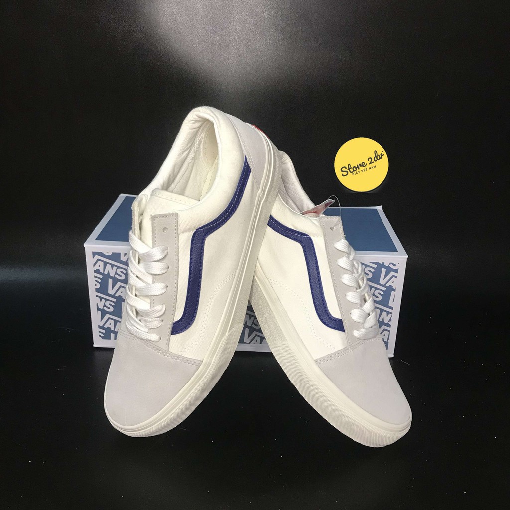 [Tặng Kèm Hộp + Vớ Xinh] Giày Sneakers Vans Trắng Xám Sọc Xanh Dương Da Lộn R11 Giày Vans Style 36 Siêu Đẹp | BigBuy360 - bigbuy360.vn