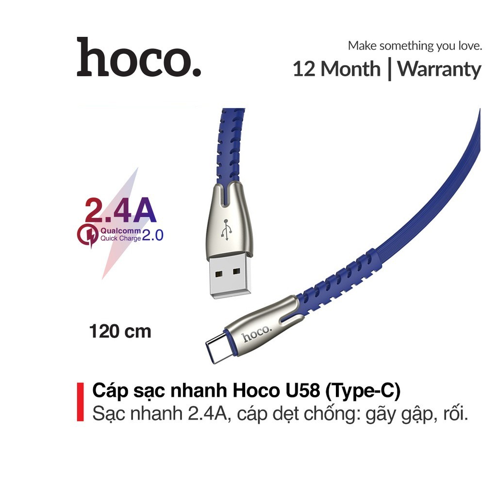 Cáp sạc nhanh 2.4A Hoco U58 Type-C dây dẹt chống rối dài 1.2M cho Android