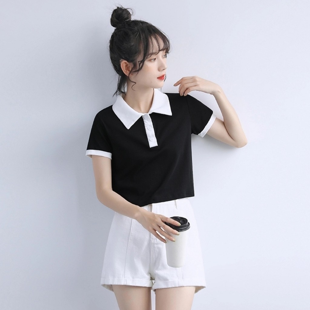 Áo Croptop Tay Ngắn Phối Màu Trắng Đen Áo Kểu Dễ Phối Với Các Loại Quần Ống Suông Quần Baggy Kiểu Dáng Cá Tính Dễ Thương