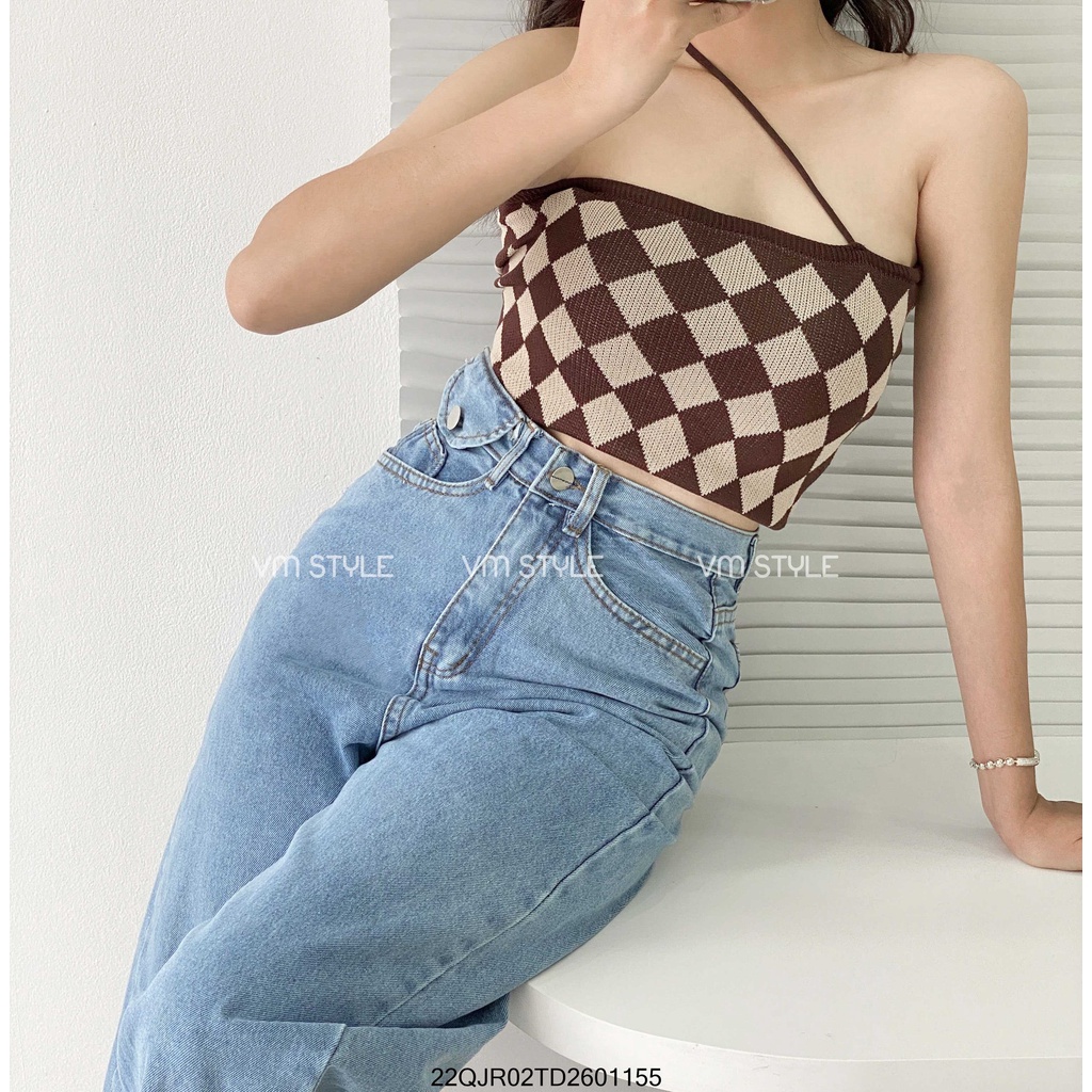 Quần jean ống rộng VM STYLE lưng cao phối 1 túi nhỏ, quần bò nữ cạp cao ống suông đứng ullzang Hàn Quốc 22QJR02TD2601