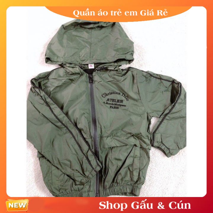Bộ quần áo gió cho bé trai màu rêu 2 lớp, mũ có rút từ 12-16kg