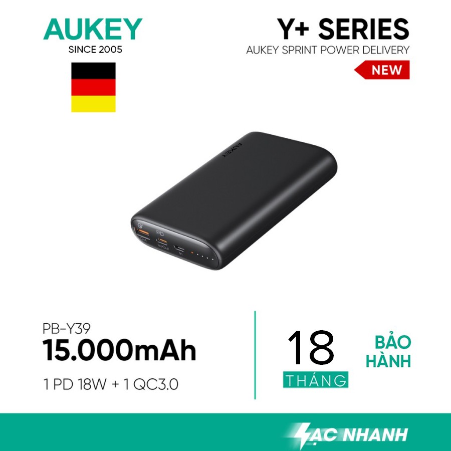 Pin Aukey PB-Y39 15.000 mAh Lõi Tesla Bền X7, Sạc Nhanh QC 3.0 Và PD 18W