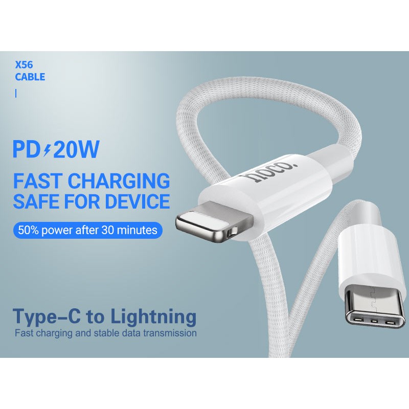 ⚡Now Ship⚡💎 Cáp Sạc Nhanh 20W 3A + Chống Gãy + Chống Đứt 💎  iPhone 12  12Pro max, PD 20W HOCO X56 Type-C to Lightning 1m