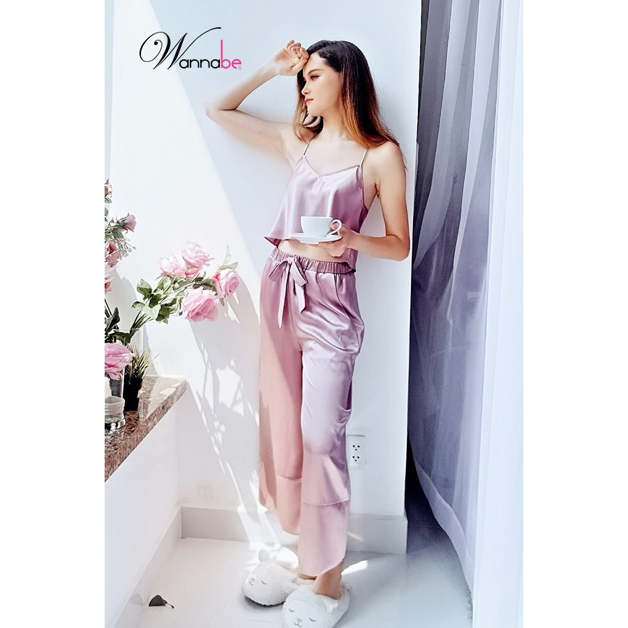 Đồ bộ mặc nhà phi lụa WANNABE BDS07 bộ dài áo croptop, quần dài ống suôn thắt nơ eo, áo ba lỗ lưng ren xinh đẹp