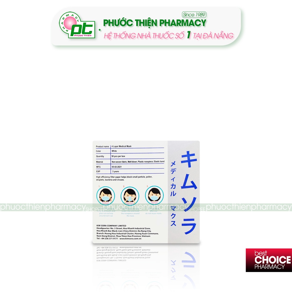 Khẩu Trang Y Tế Kimsora Loại 4 Lớp Màu Xanh, Trắng Hộp 50 Cái - Kim Sora