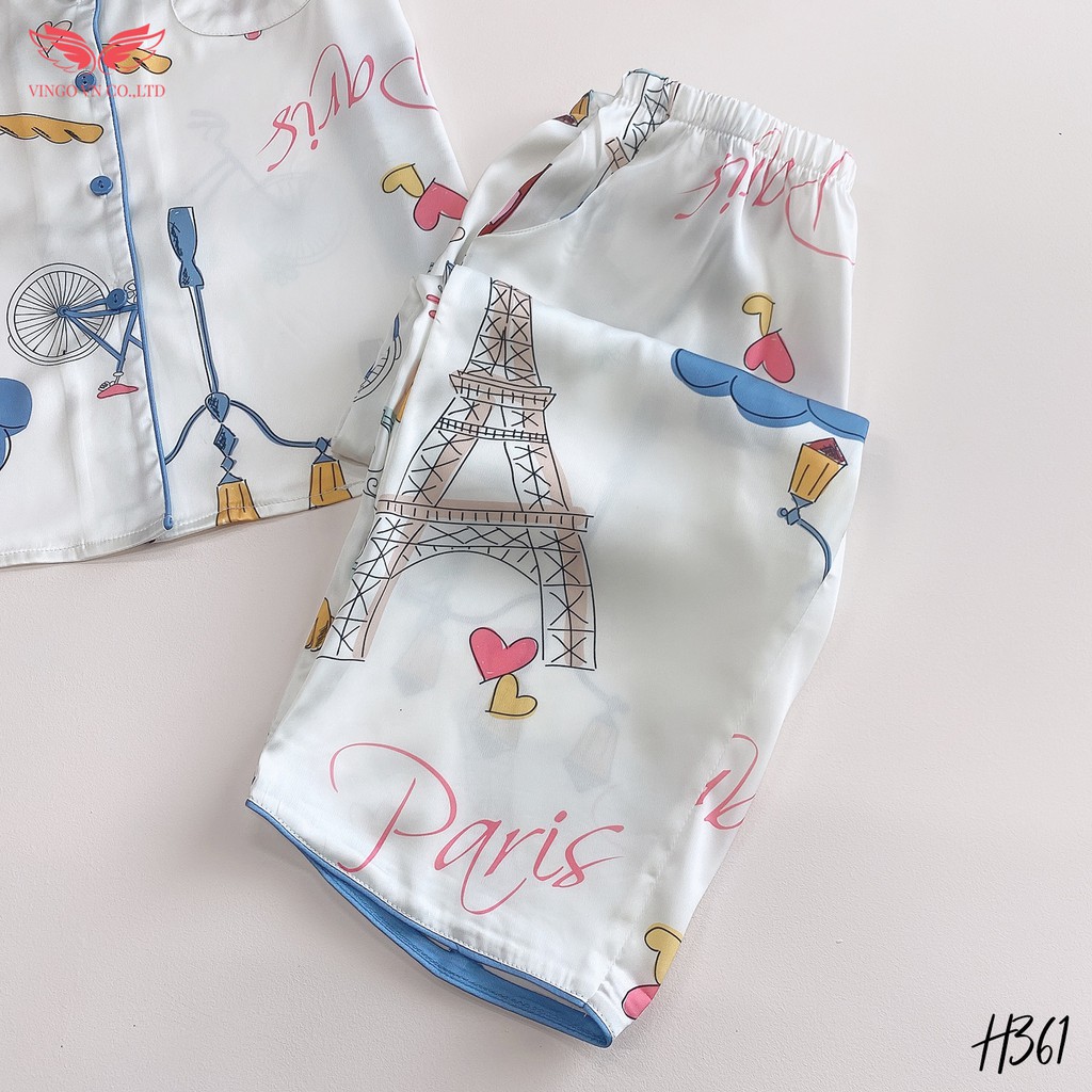 VINGO Bộ Đồ Ngủ Pijama Mặc Nhà Nữ Lụa Pháp Cao Cấp Tay Cộc Quần Lửng Họa Tiết Tháp Eiffel Paris Trắng H361 VNGO - TCQL