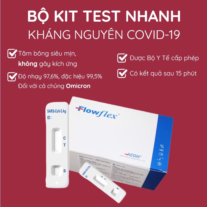 01 bộ Kit test nhanh Covid 19 kháng nguyên tại nhà chính hãng lấy dịch mũi Flowflex Acon