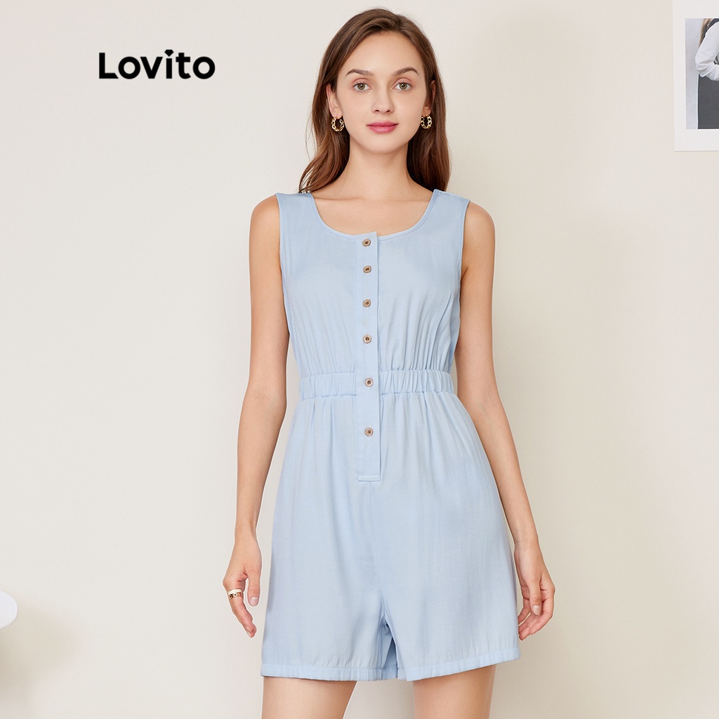 Áo liền quần denim Lovito thắt lưng co giãn mùa tron phong cách ngày