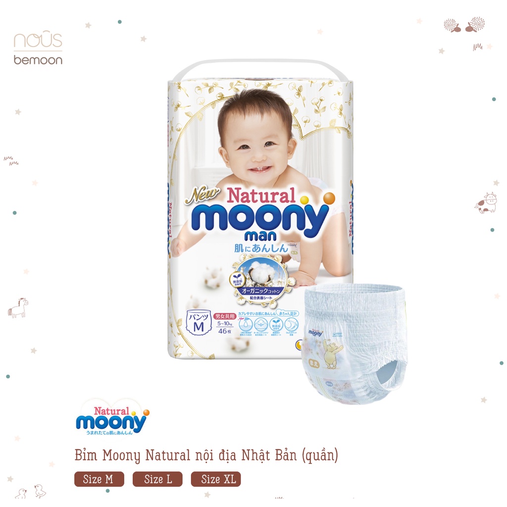 Bỉm Moony Natural Nội Địa Nhật - Chính Hãng - Bỉm Moony Dán/Quần Đủ Size NB63/S58/M48/L36/XL32