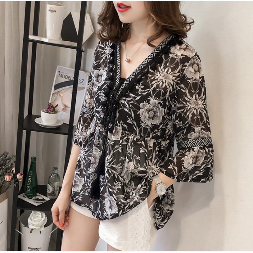 SUXI Áo sơ mi voan cổ V viền núm tua họa tiết hoa thanh lịch cho nữ