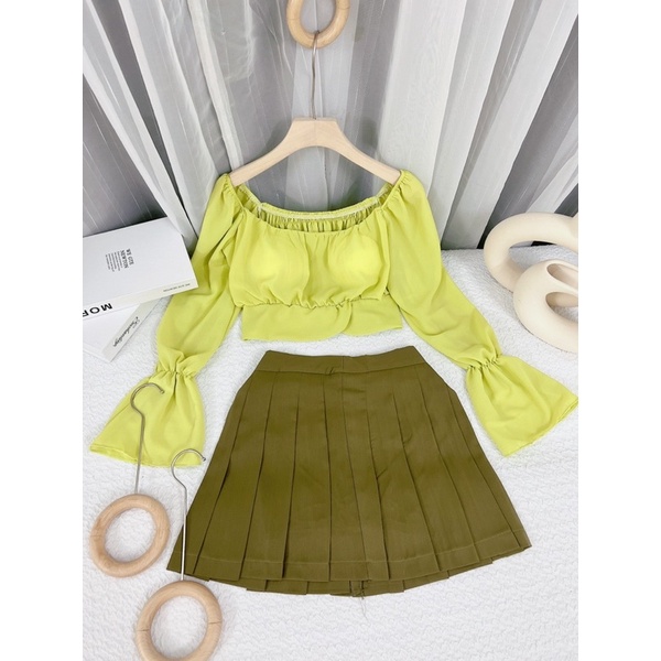 SET ÁO VÀNG CROPTOP CHUN + CHÂN VÁY XẾP LY RÊU TÂY (TH)
