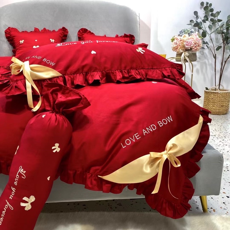 Bộ chăn ga gối Lụa thêu 60s tone đỏ cho ngày cưới 7 món