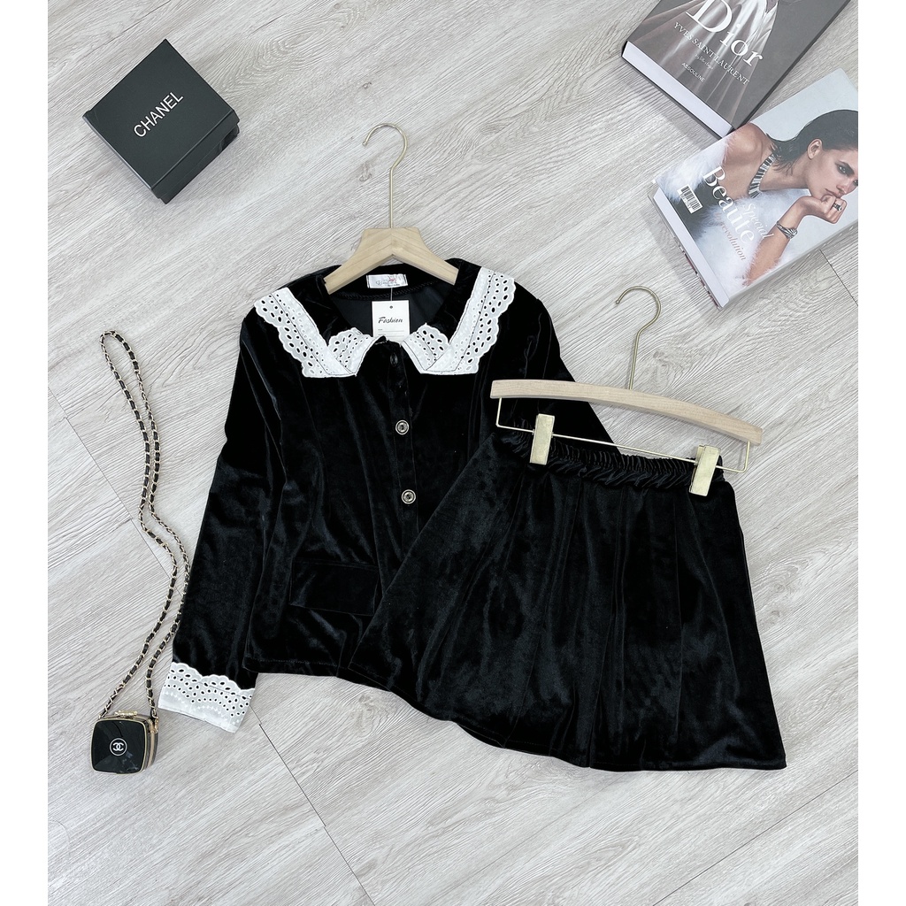 Set chân váy nhung ren cổ bèo tiểu thư đồ bộ nữ thu đông | BigBuy360 - bigbuy360.vn