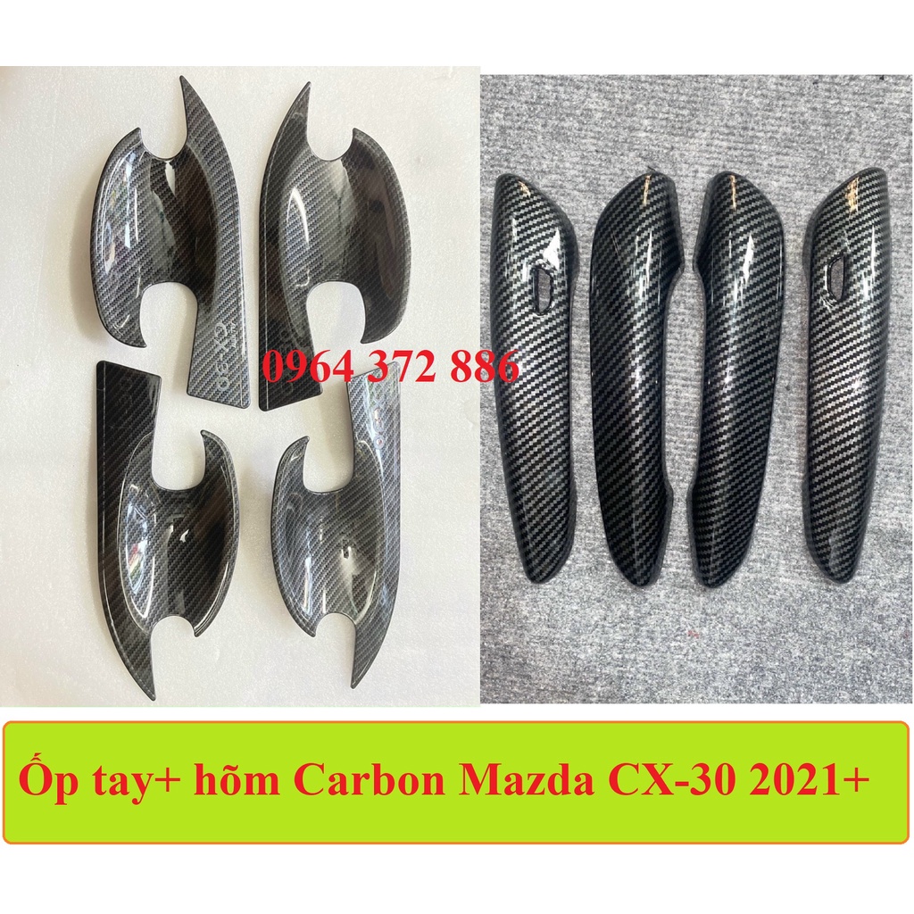 Ốp tay nắm, hõm cửa Carbon xe Mazda CX30, CX-30 2020 2021 2022 2023 vân cacbon cao cấp