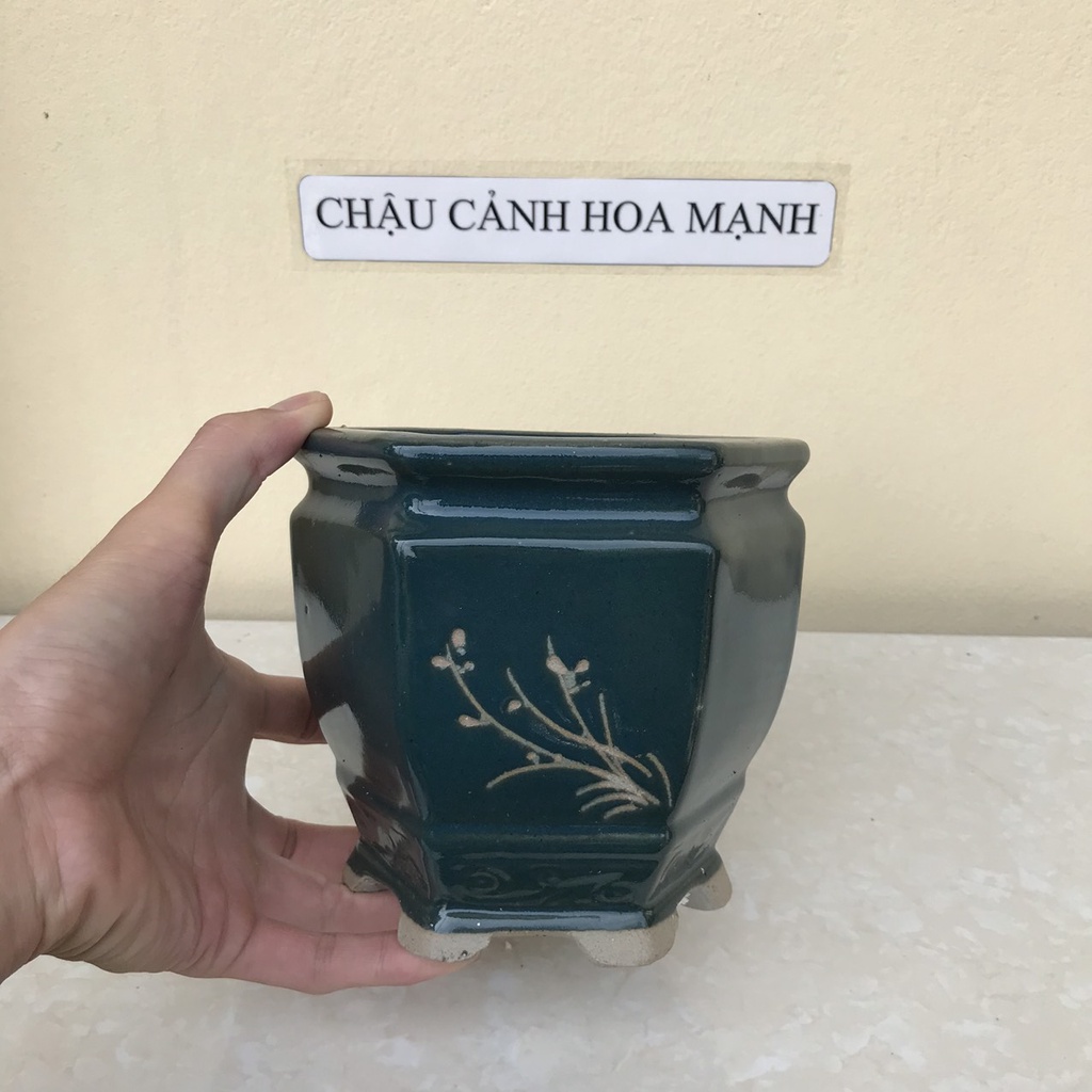 Chậu Lục giác bonsai sen đá mini khắc men Xanh ngọc gốm Bát tràng 1 size SP418