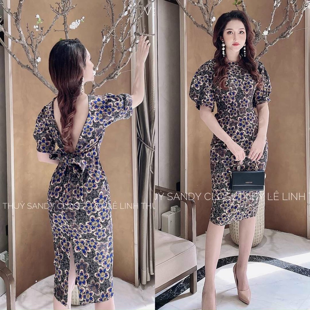 Đầm Tay Phồng Hở Lưng Có Mút Ngực Chất Liệu Thun Dẻo In KTS Thời Trang Nữ ĐẶNG DIỆU