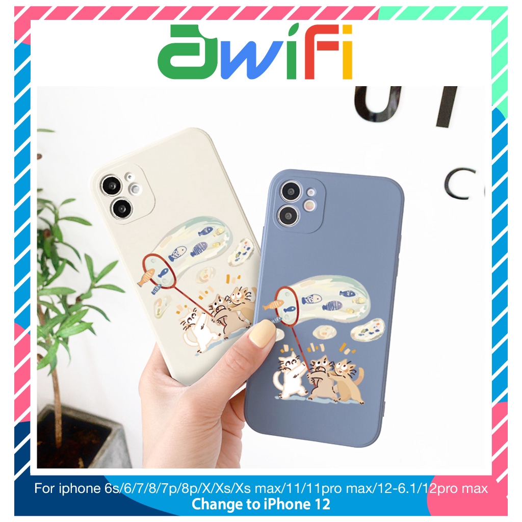 Ốp lưng iphone vuông mèo vợt cá 5s/6/6plus/6s/6splus/7/7plus/8/8plus/x/xr/xs/11/12/pro/max/plus/promax - Awifi D4-2